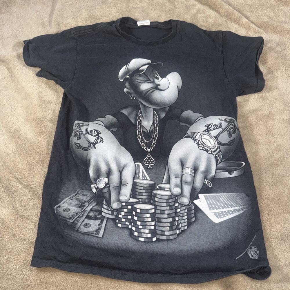 Popeye Shirt Mens Small Black Poker Chips Money Graphic Cartoon Tee T-Shirt Y2K